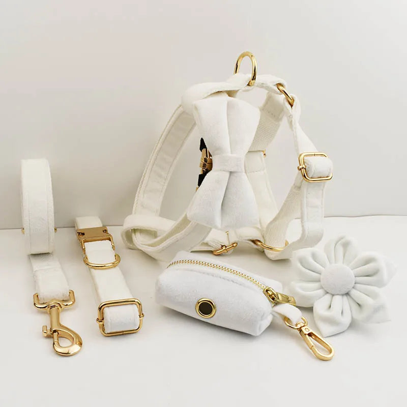 White Velvet Dog Collar & Leash Set